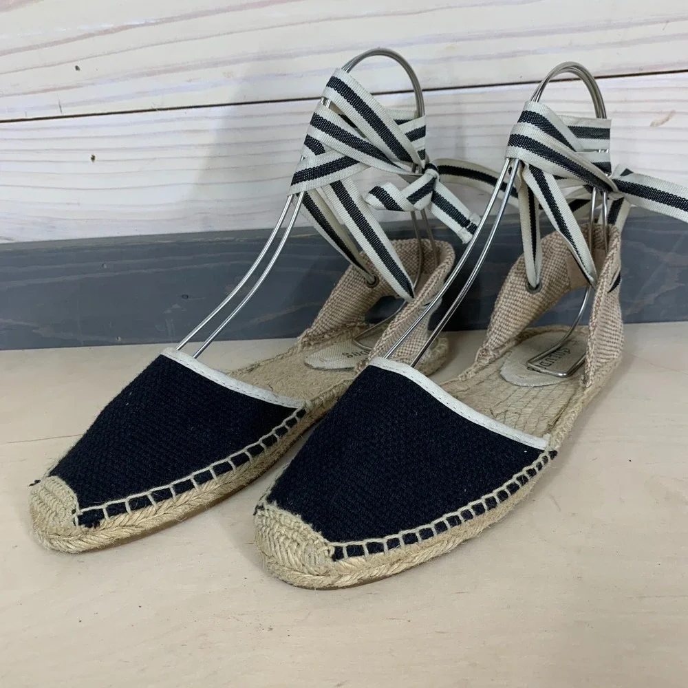 Soludos Sandals‎ 6 Black Woven Espadrilles Lace Ankle Flats Boho Beach